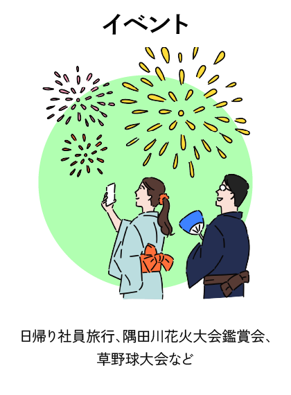 イベント 日帰り社員旅行、隅田川花火大会鑑賞会、草野球大会など